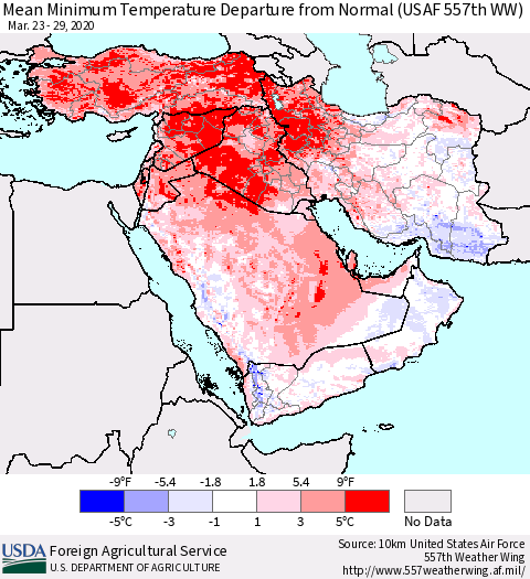 Middle East and Turkey Mean Minimum Temperature Departure from Normal (USAF 557th WW) Thematic Map For 3/23/2020 - 3/29/2020