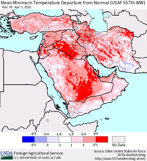 Middle East and Turkey Mean Minimum Temperature Departure from Normal (USAF 557th WW) Thematic Map For 3/30/2020 - 4/5/2020