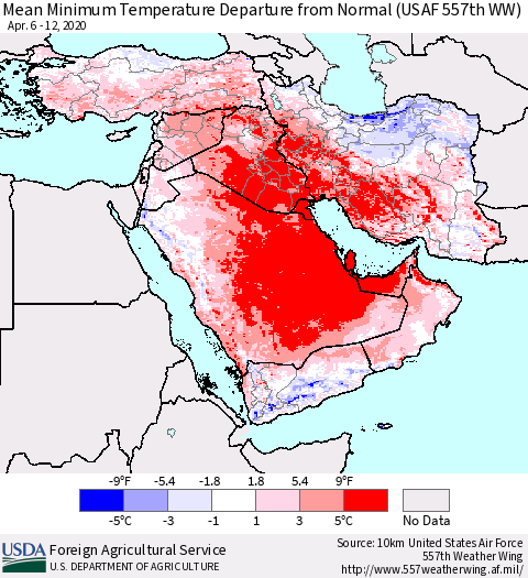 Middle East and Turkey Mean Minimum Temperature Departure from Normal (USAF 557th WW) Thematic Map For 4/6/2020 - 4/12/2020