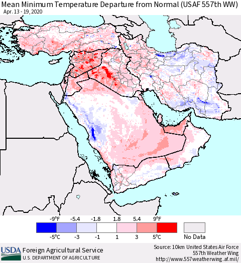 Middle East and Turkey Mean Minimum Temperature Departure from Normal (USAF 557th WW) Thematic Map For 4/13/2020 - 4/19/2020