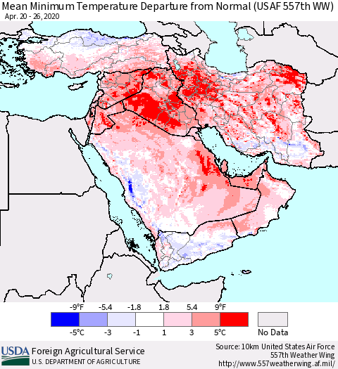 Middle East and Turkey Mean Minimum Temperature Departure from Normal (USAF 557th WW) Thematic Map For 4/20/2020 - 4/26/2020