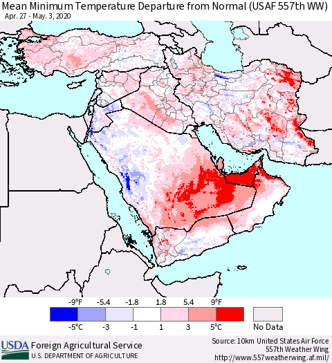 Middle East and Turkey Mean Minimum Temperature Departure from Normal (USAF 557th WW) Thematic Map For 4/27/2020 - 5/3/2020