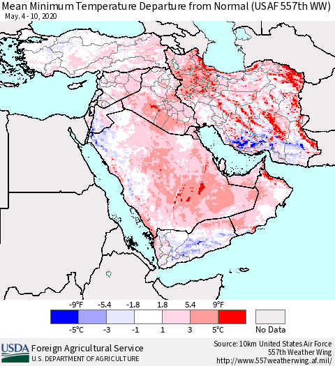 Middle East and Turkey Mean Minimum Temperature Departure from Normal (USAF 557th WW) Thematic Map For 5/4/2020 - 5/10/2020