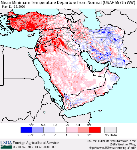 Middle East and Turkey Mean Minimum Temperature Departure from Normal (USAF 557th WW) Thematic Map For 5/11/2020 - 5/17/2020
