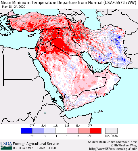 Middle East and Turkey Mean Minimum Temperature Departure from Normal (USAF 557th WW) Thematic Map For 5/18/2020 - 5/24/2020