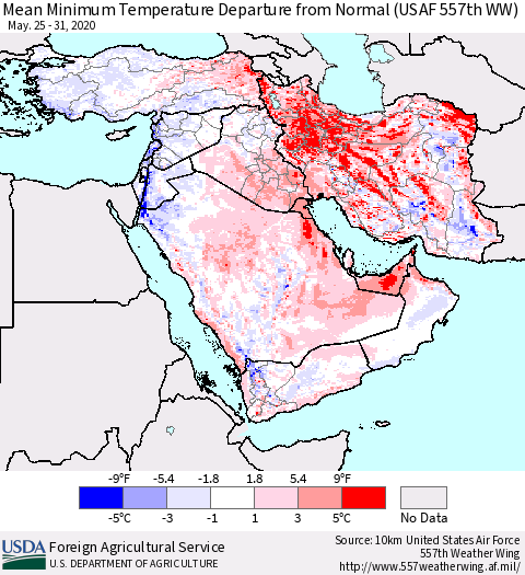 Middle East and Turkey Mean Minimum Temperature Departure from Normal (USAF 557th WW) Thematic Map For 5/25/2020 - 5/31/2020