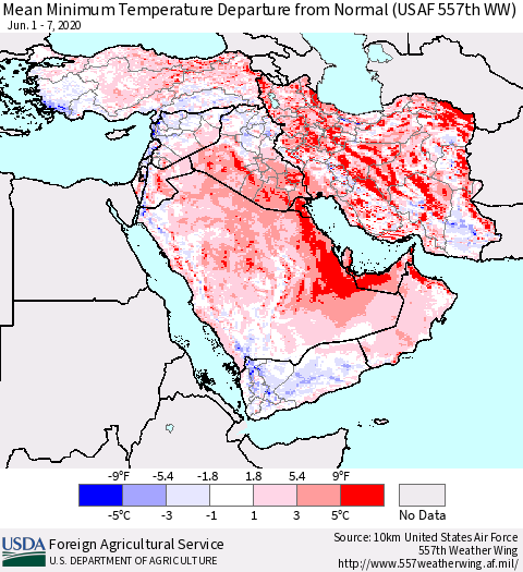 Middle East and Turkey Mean Minimum Temperature Departure from Normal (USAF 557th WW) Thematic Map For 6/1/2020 - 6/7/2020
