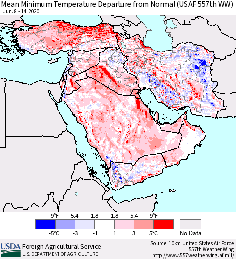 Middle East and Turkey Mean Minimum Temperature Departure from Normal (USAF 557th WW) Thematic Map For 6/8/2020 - 6/14/2020
