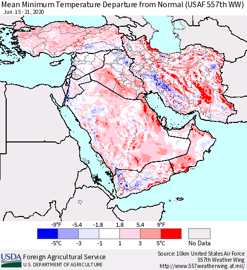Middle East and Turkey Mean Minimum Temperature Departure from Normal (USAF 557th WW) Thematic Map For 6/15/2020 - 6/21/2020