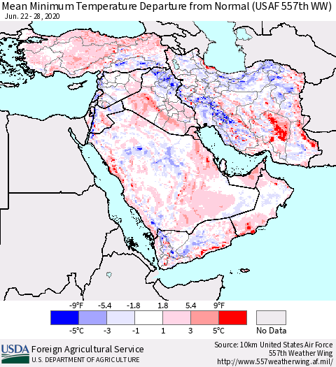 Middle East and Turkey Mean Minimum Temperature Departure from Normal (USAF 557th WW) Thematic Map For 6/22/2020 - 6/28/2020