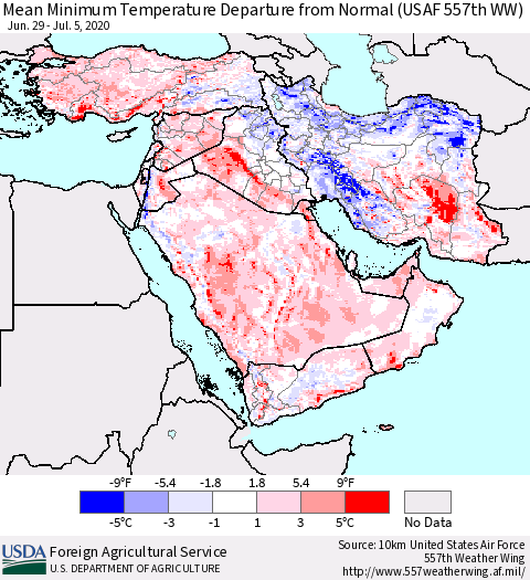 Middle East and Turkey Mean Minimum Temperature Departure from Normal (USAF 557th WW) Thematic Map For 6/29/2020 - 7/5/2020