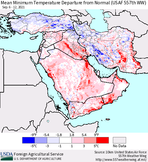 Middle East and Turkey Mean Minimum Temperature Departure from Normal (USAF 557th WW) Thematic Map For 9/6/2021 - 9/12/2021