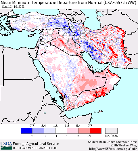Middle East and Turkey Mean Minimum Temperature Departure from Normal (USAF 557th WW) Thematic Map For 9/13/2021 - 9/19/2021