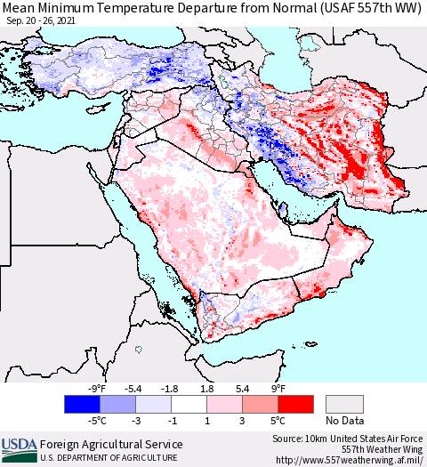 Middle East and Turkey Mean Minimum Temperature Departure from Normal (USAF 557th WW) Thematic Map For 9/20/2021 - 9/26/2021