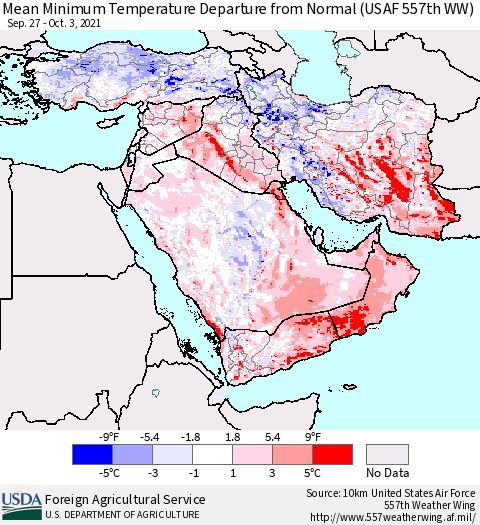 Middle East and Turkey Mean Minimum Temperature Departure from Normal (USAF 557th WW) Thematic Map For 9/27/2021 - 10/3/2021