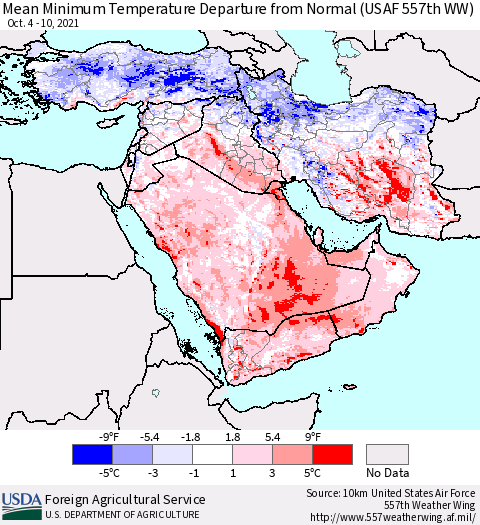 Middle East and Turkey Mean Minimum Temperature Departure from Normal (USAF 557th WW) Thematic Map For 10/4/2021 - 10/10/2021