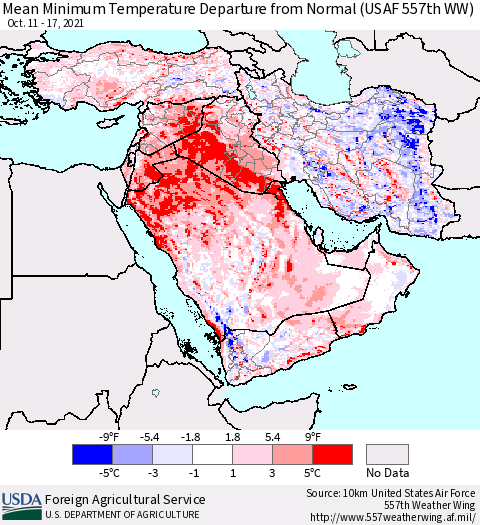 Middle East and Turkey Mean Minimum Temperature Departure from Normal (USAF 557th WW) Thematic Map For 10/11/2021 - 10/17/2021
