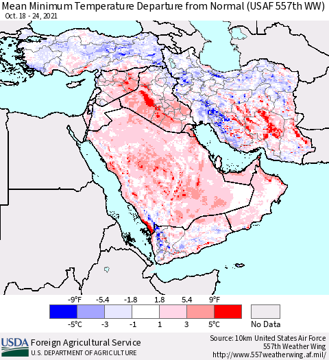 Middle East and Turkey Mean Minimum Temperature Departure from Normal (USAF 557th WW) Thematic Map For 10/18/2021 - 10/24/2021