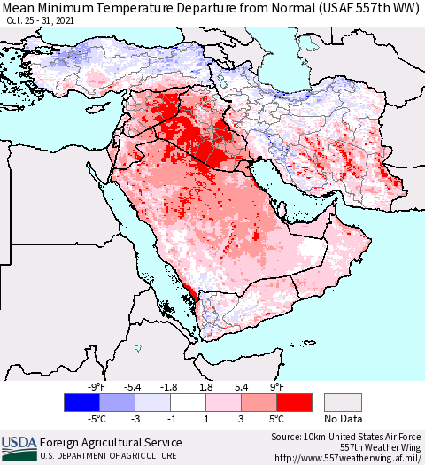 Middle East and Turkey Mean Minimum Temperature Departure from Normal (USAF 557th WW) Thematic Map For 10/25/2021 - 10/31/2021