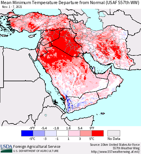 Middle East and Turkey Mean Minimum Temperature Departure from Normal (USAF 557th WW) Thematic Map For 11/1/2021 - 11/7/2021