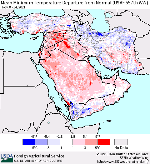 Middle East and Turkey Mean Minimum Temperature Departure from Normal (USAF 557th WW) Thematic Map For 11/8/2021 - 11/14/2021