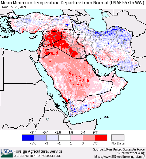 Middle East and Turkey Mean Minimum Temperature Departure from Normal (USAF 557th WW) Thematic Map For 11/15/2021 - 11/21/2021