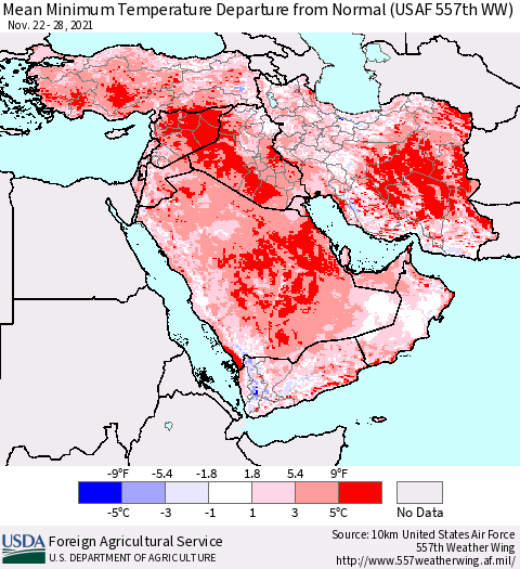 Middle East and Turkey Mean Minimum Temperature Departure from Normal (USAF 557th WW) Thematic Map For 11/22/2021 - 11/28/2021