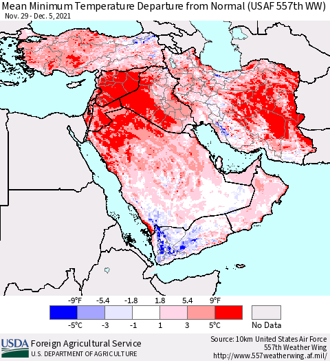 Middle East and Turkey Mean Minimum Temperature Departure from Normal (USAF 557th WW) Thematic Map For 11/29/2021 - 12/5/2021