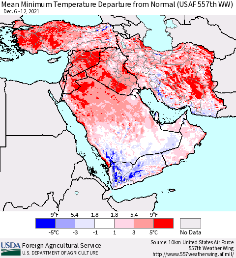 Middle East and Turkey Mean Minimum Temperature Departure from Normal (USAF 557th WW) Thematic Map For 12/6/2021 - 12/12/2021