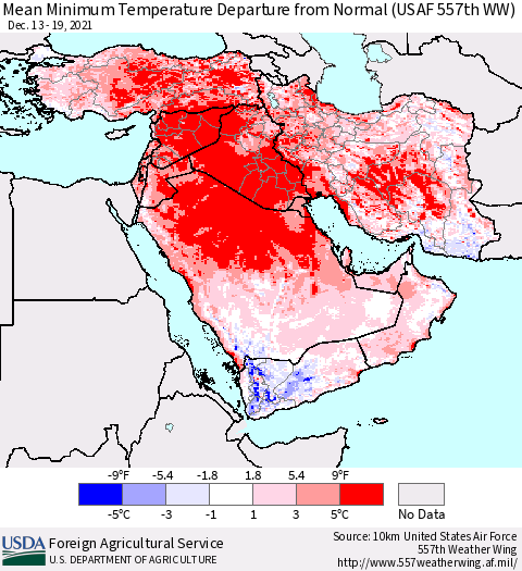 Middle East and Turkey Mean Minimum Temperature Departure from Normal (USAF 557th WW) Thematic Map For 12/13/2021 - 12/19/2021