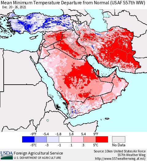 Middle East and Turkey Mean Minimum Temperature Departure from Normal (USAF 557th WW) Thematic Map For 12/20/2021 - 12/26/2021