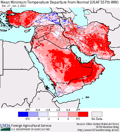 Middle East and Turkey Mean Minimum Temperature Departure from Normal (USAF 557th WW) Thematic Map For 12/27/2021 - 1/2/2022