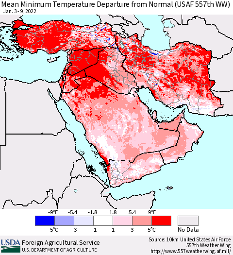 Middle East and Turkey Mean Minimum Temperature Departure from Normal (USAF 557th WW) Thematic Map For 1/3/2022 - 1/9/2022