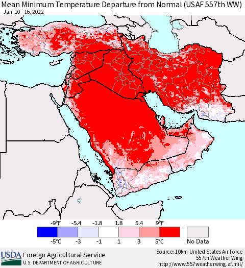 Middle East and Turkey Mean Minimum Temperature Departure from Normal (USAF 557th WW) Thematic Map For 1/10/2022 - 1/16/2022