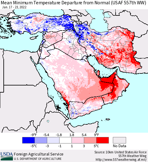 Middle East and Turkey Mean Minimum Temperature Departure from Normal (USAF 557th WW) Thematic Map For 1/17/2022 - 1/23/2022