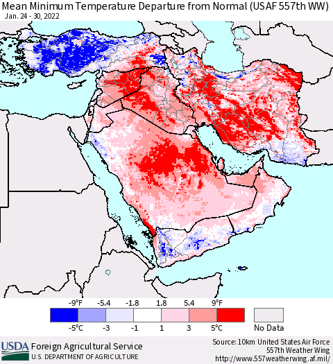 Middle East and Turkey Mean Minimum Temperature Departure from Normal (USAF 557th WW) Thematic Map For 1/24/2022 - 1/30/2022