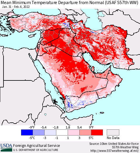 Middle East and Turkey Mean Minimum Temperature Departure from Normal (USAF 557th WW) Thematic Map For 1/31/2022 - 2/6/2022
