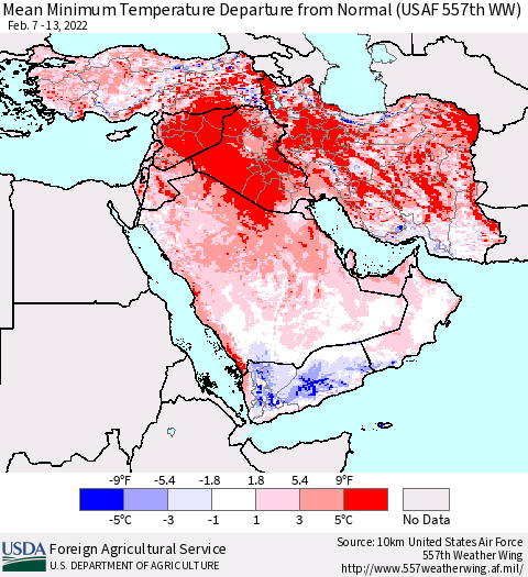 Middle East and Turkey Mean Minimum Temperature Departure from Normal (USAF 557th WW) Thematic Map For 2/7/2022 - 2/13/2022