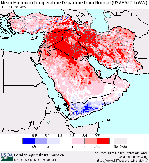 Middle East and Turkey Mean Minimum Temperature Departure from Normal (USAF 557th WW) Thematic Map For 2/14/2022 - 2/20/2022