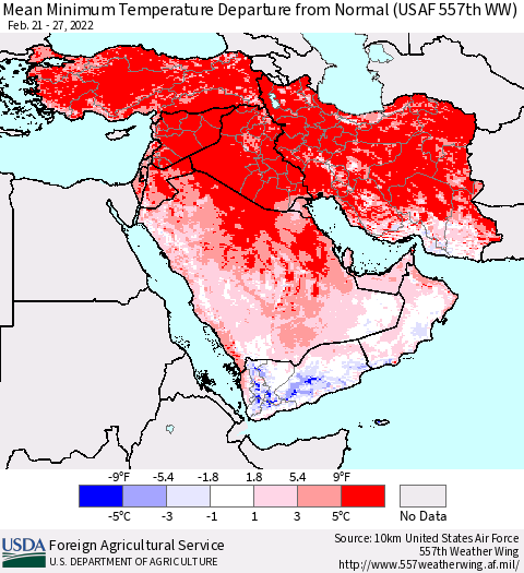 Middle East and Turkey Mean Minimum Temperature Departure from Normal (USAF 557th WW) Thematic Map For 2/21/2022 - 2/27/2022