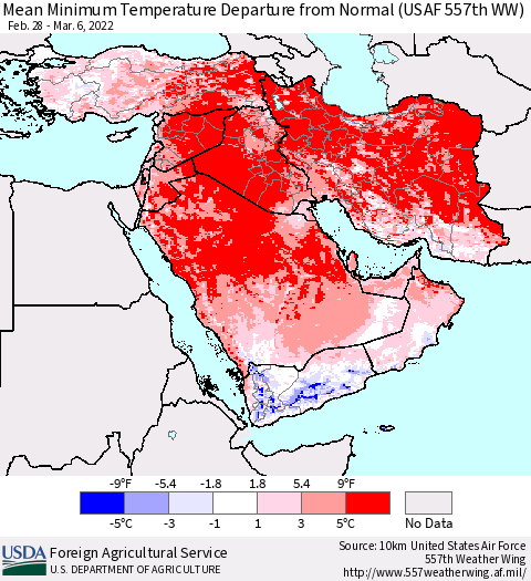 Middle East and Turkey Mean Minimum Temperature Departure from Normal (USAF 557th WW) Thematic Map For 2/28/2022 - 3/6/2022