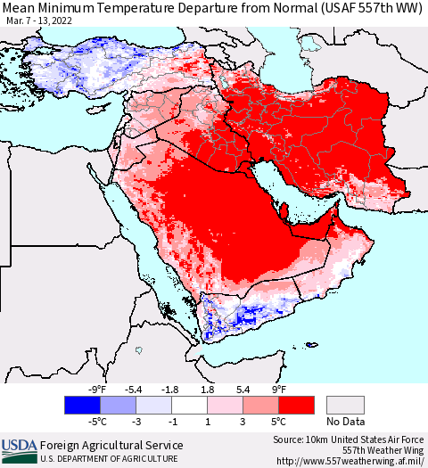 Middle East and Turkey Mean Minimum Temperature Departure from Normal (USAF 557th WW) Thematic Map For 3/7/2022 - 3/13/2022