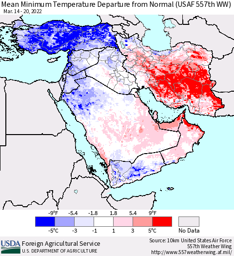 Middle East and Turkey Mean Minimum Temperature Departure from Normal (USAF 557th WW) Thematic Map For 3/14/2022 - 3/20/2022