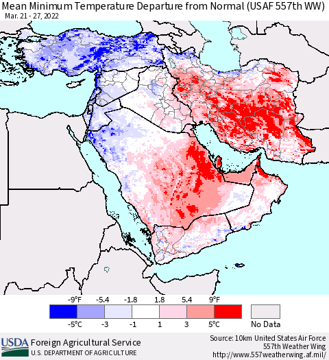 Middle East and Turkey Mean Minimum Temperature Departure from Normal (USAF 557th WW) Thematic Map For 3/21/2022 - 3/27/2022