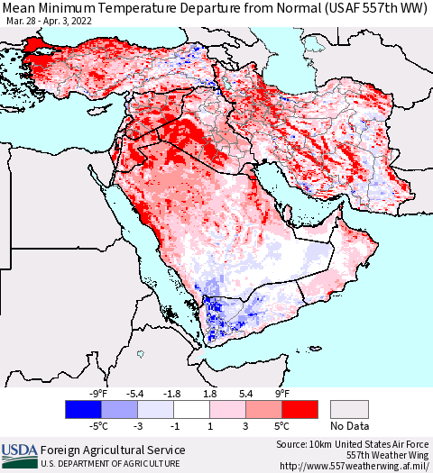 Middle East and Turkey Mean Minimum Temperature Departure from Normal (USAF 557th WW) Thematic Map For 3/28/2022 - 4/3/2022