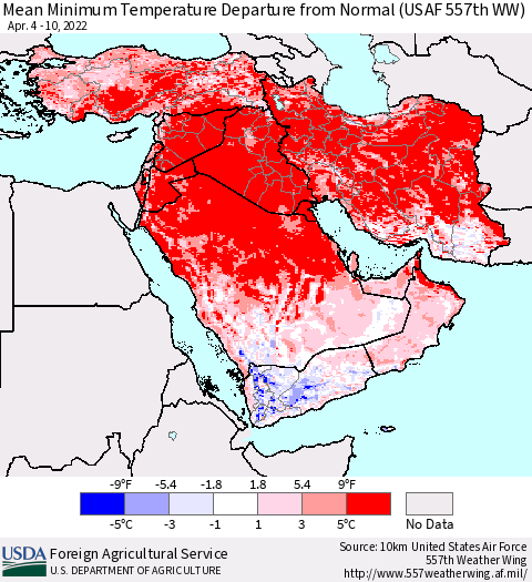Middle East and Turkey Mean Minimum Temperature Departure from Normal (USAF 557th WW) Thematic Map For 4/4/2022 - 4/10/2022
