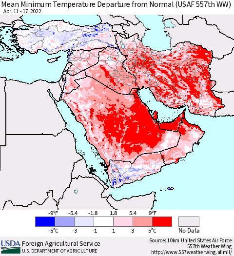 Middle East and Turkey Mean Minimum Temperature Departure from Normal (USAF 557th WW) Thematic Map For 4/11/2022 - 4/17/2022