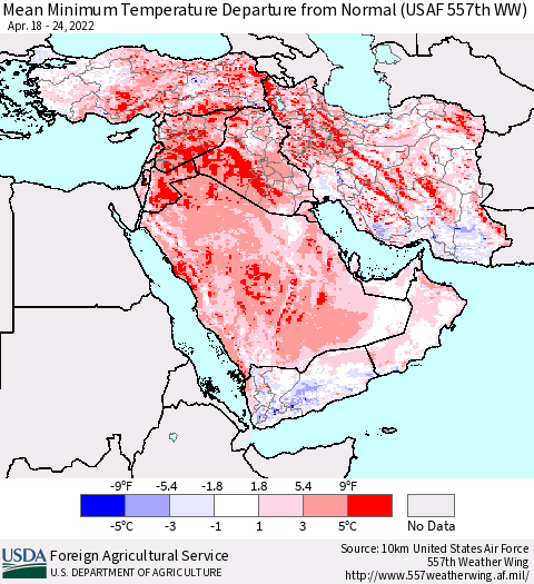 Middle East and Turkey Mean Minimum Temperature Departure from Normal (USAF 557th WW) Thematic Map For 4/18/2022 - 4/24/2022