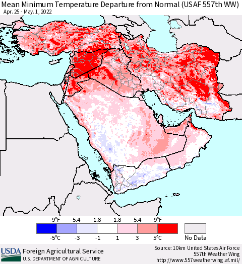 Middle East and Turkey Mean Minimum Temperature Departure from Normal (USAF 557th WW) Thematic Map For 4/25/2022 - 5/1/2022