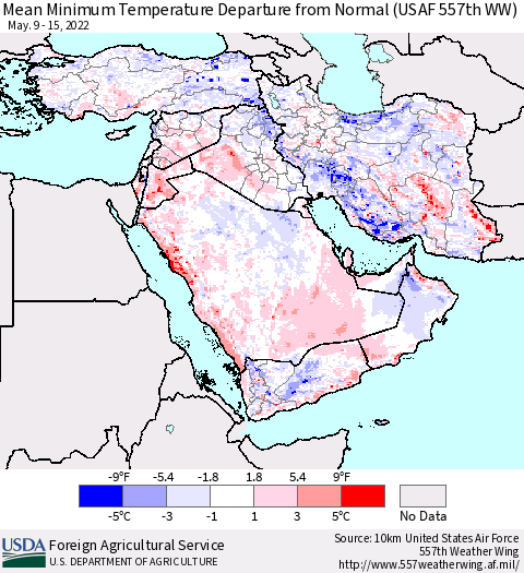 Middle East and Turkey Mean Minimum Temperature Departure from Normal (USAF 557th WW) Thematic Map For 5/9/2022 - 5/15/2022